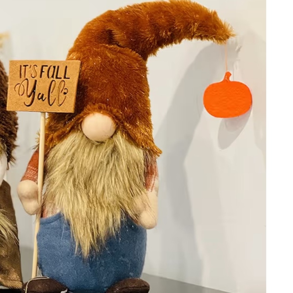 Harvest Gnome themed plush tomte decoration holding a sign It's Fall Y'all